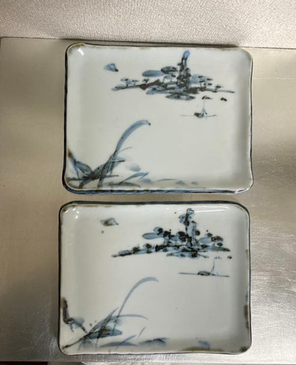 坪平土平・広永窯　　染付山水角皿5枚組　　桐箱入り　懐石　茶事　半泥子の弟子