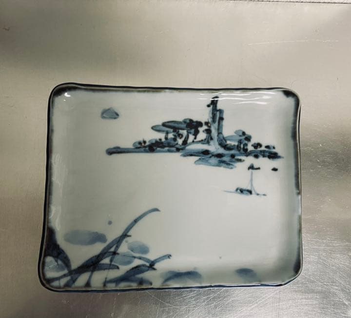 坪平土平・広永窯　　染付山水角皿5枚組　　桐箱入り　懐石　茶事　半泥子の弟子