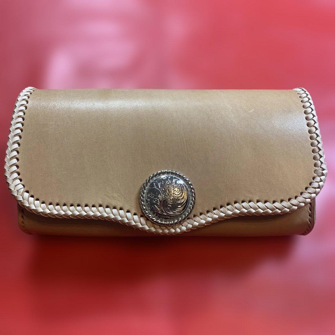 ハンドメイドレザークラフトヌメ革牛レース編み長財布　ヌメ革長財布