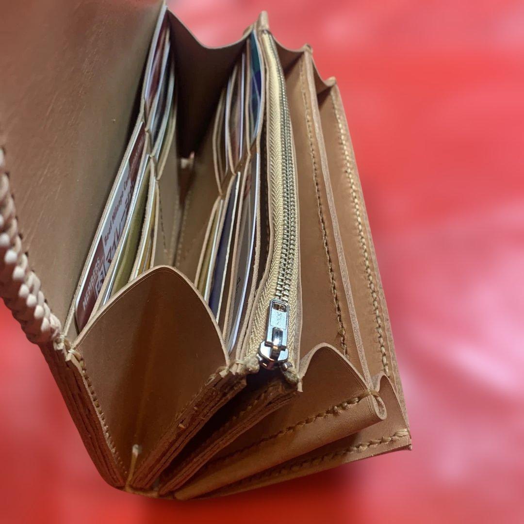 ハンドメイドレザークラフトヌメ革牛レース編み長財布　ヌメ革長財布