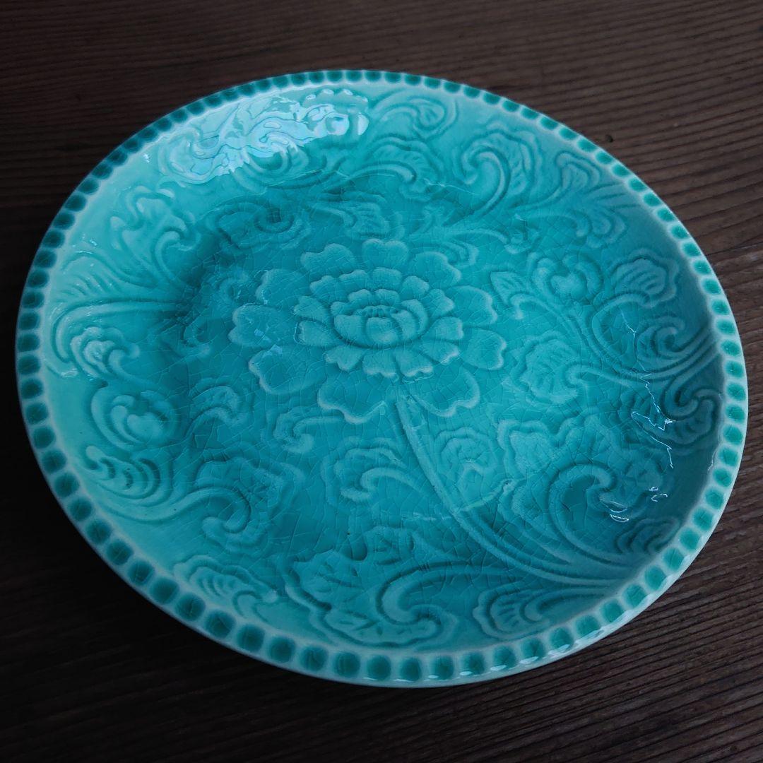 【ご成約】淡路珉平焼 ターコイズブルーと翡翠色の7寸皿 2枚 骨董 アンティーク