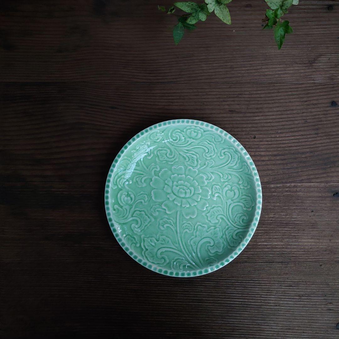 【ご成約】淡路珉平焼 ターコイズブルーと翡翠色の7寸皿 2枚 骨董 アンティーク