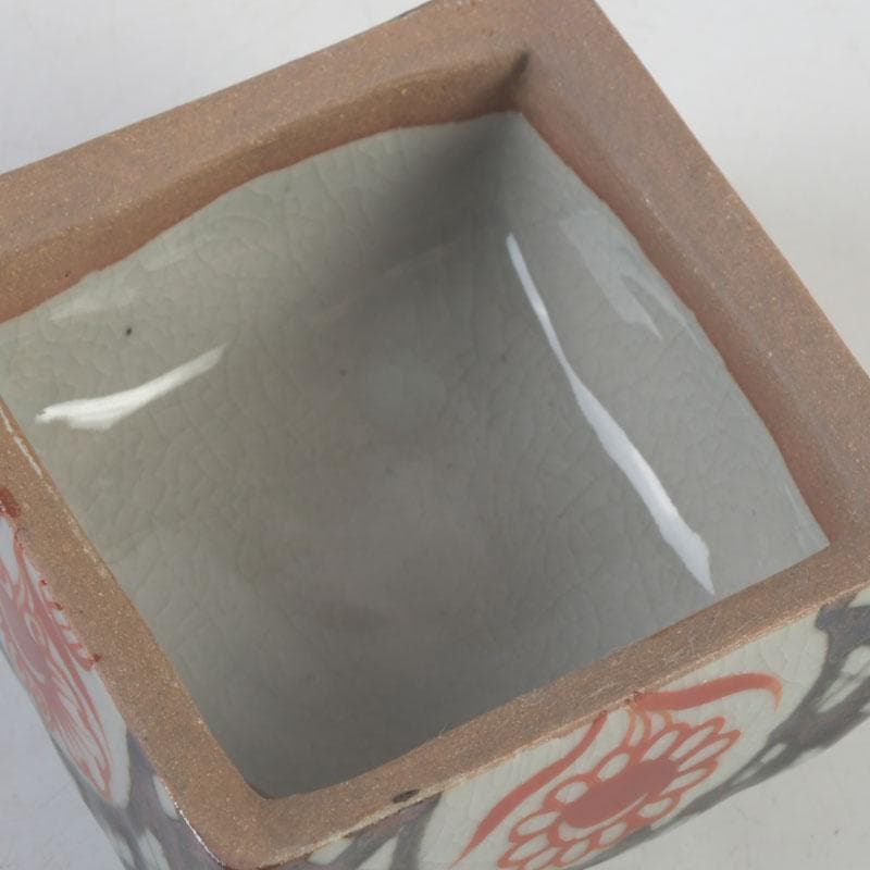 茶道具　萬古焼　加賀瑞山造　干支牛人物牧童文　角香合　共箱　V　9688