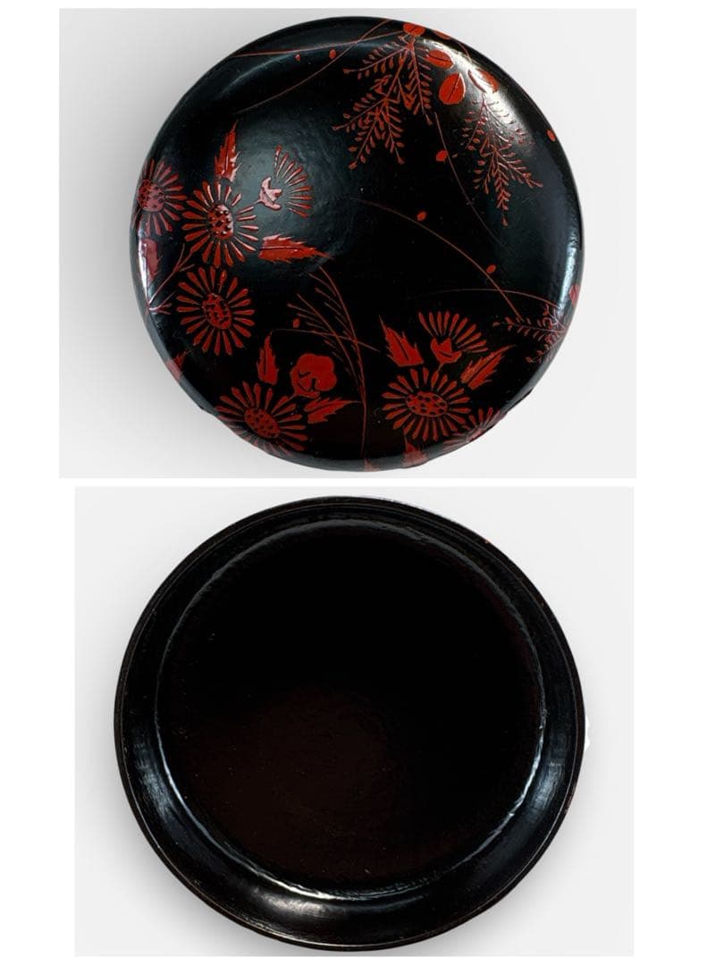 【中古品】前端春斎造　秋草蒔絵一閑塗黒棗（共箱）USED〈税込•送料込〉