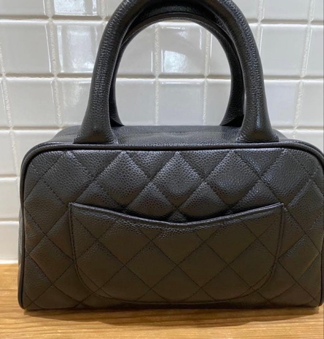 シャネルミニボストンバッグ ココマーク マトラッセキャビアスキンハンドバッグ