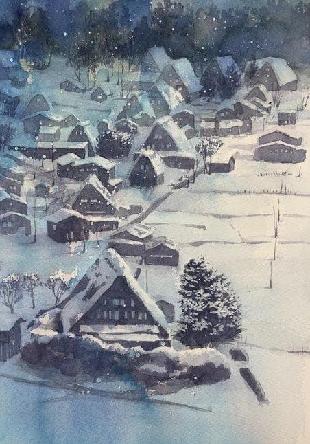 水彩アート「冬の集落　蒼」1点物、手描き真筆。