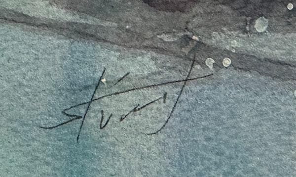 水彩アート「冬の集落　蒼」1点物、手描き真筆。