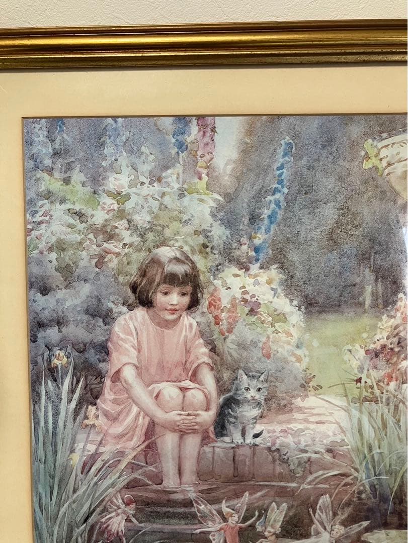 スコットランド製マーガレットタラント少女猫妖精水彩複製画額付き
