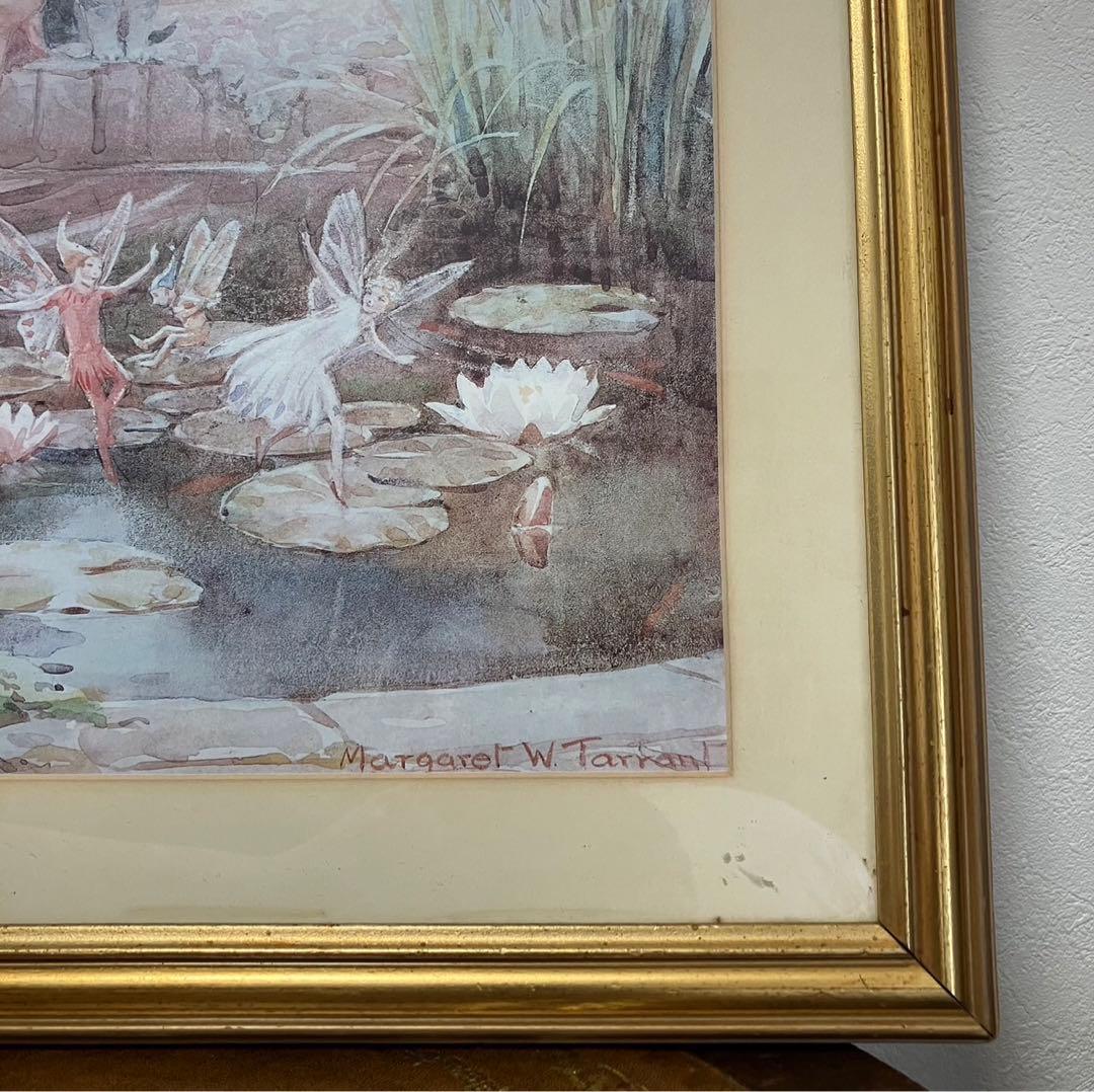 スコットランド製マーガレットタラント少女猫妖精水彩複製画額付き