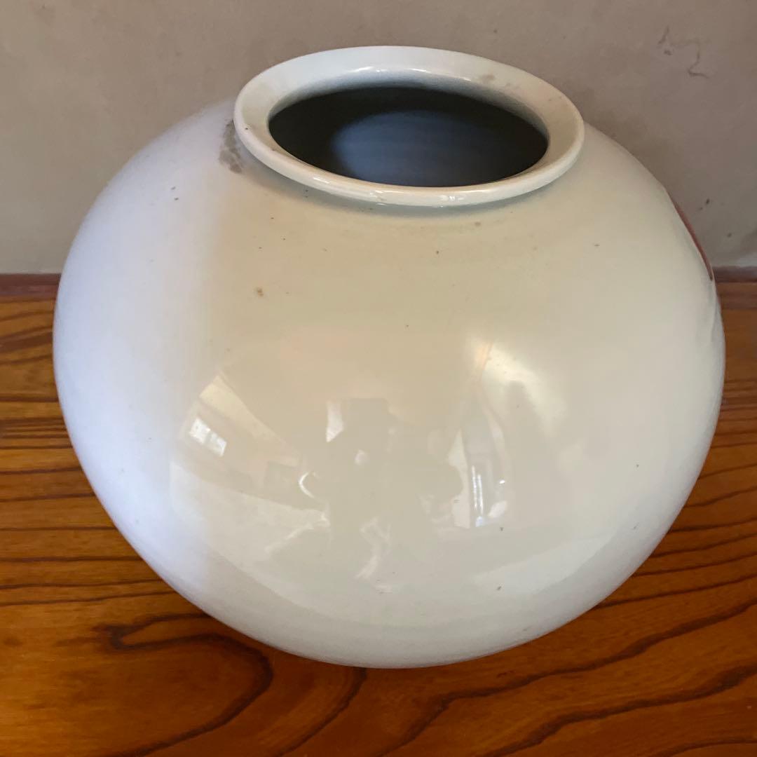 高麗白磁の象嵌（ぞうがん）壺　大壺 旭日鶴老松　象嵌壺　40x40