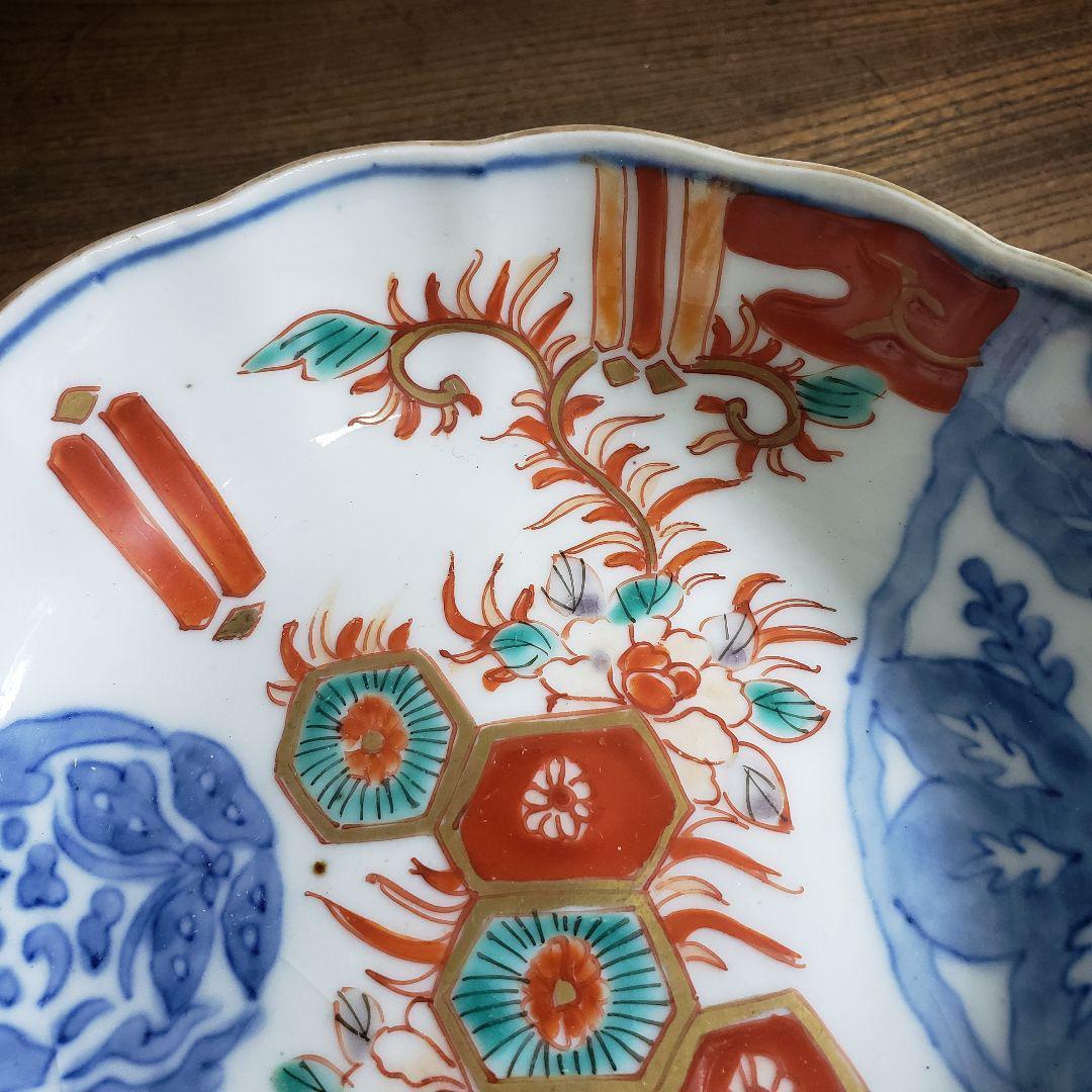 なます皿 古伊万里 色絵付 花唐草 丸文様 亀甲 アマテ ニュウ 欠け ロ号