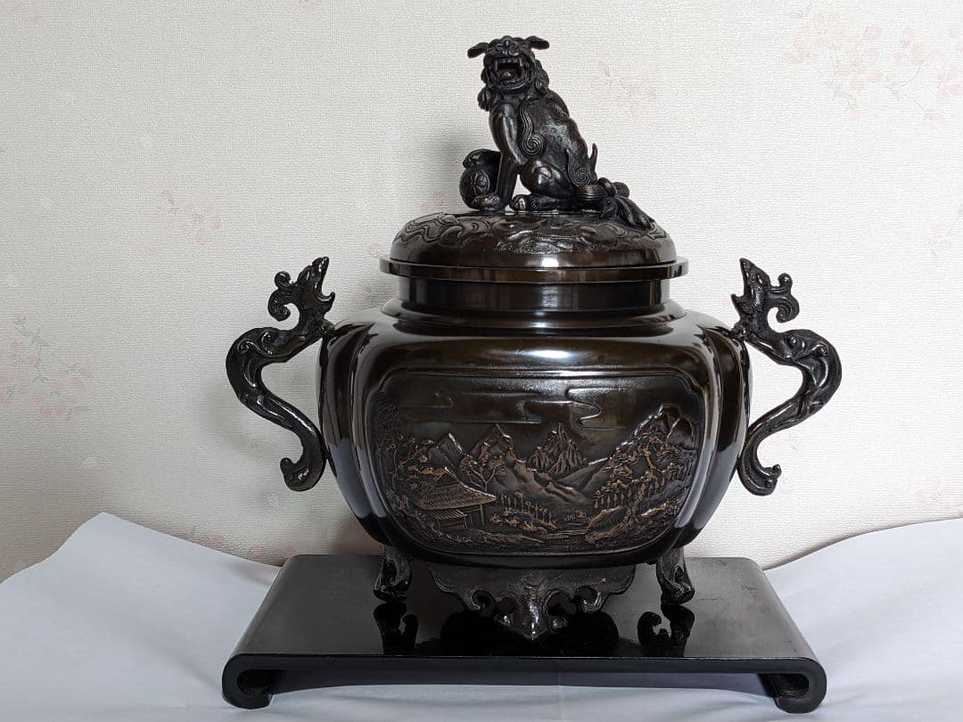 ♦香道具 獅子飾り 山水瓔珞紋様 龍双耳阿古柁形 大香炉 高岡銅器 高さ27cm