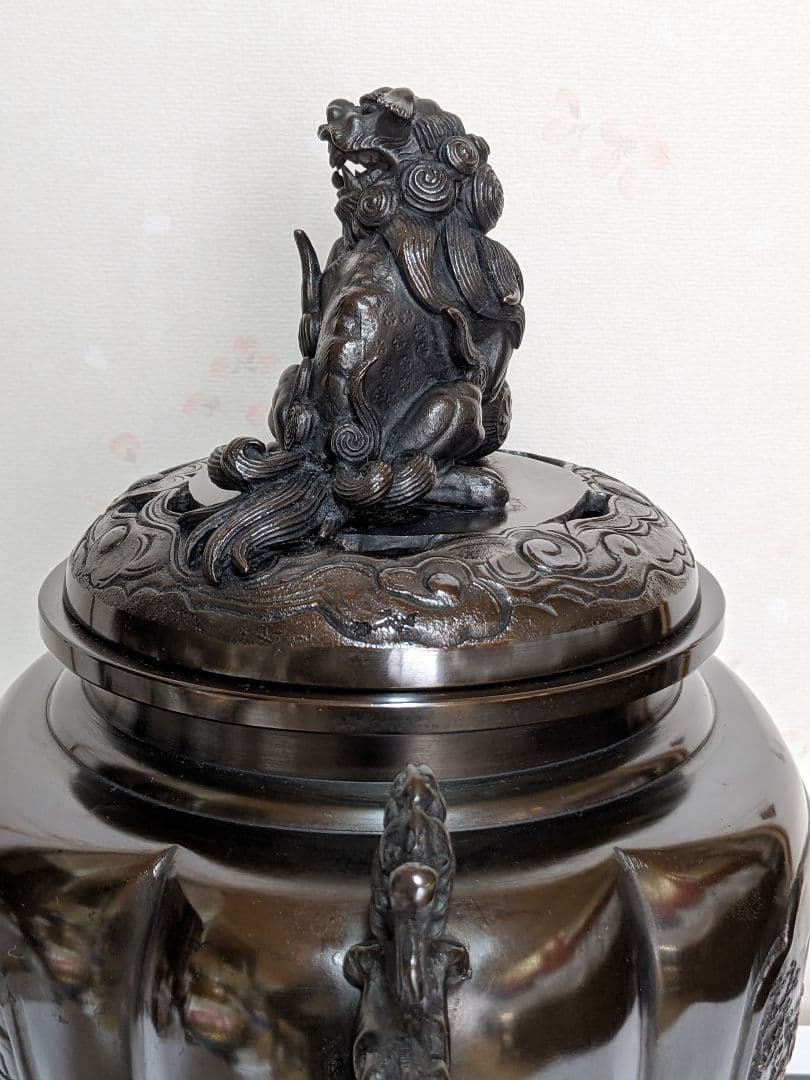 ♦香道具 獅子飾り 山水瓔珞紋様 龍双耳阿古柁形 大香炉 高岡銅器 高さ27cm