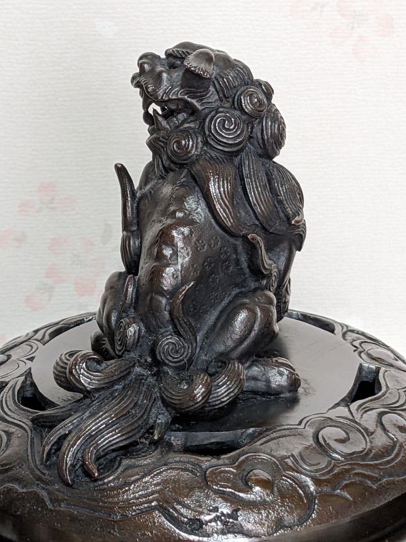 ♦香道具 獅子飾り 山水瓔珞紋様 龍双耳阿古柁形 大香炉 高岡銅器 高さ27cm