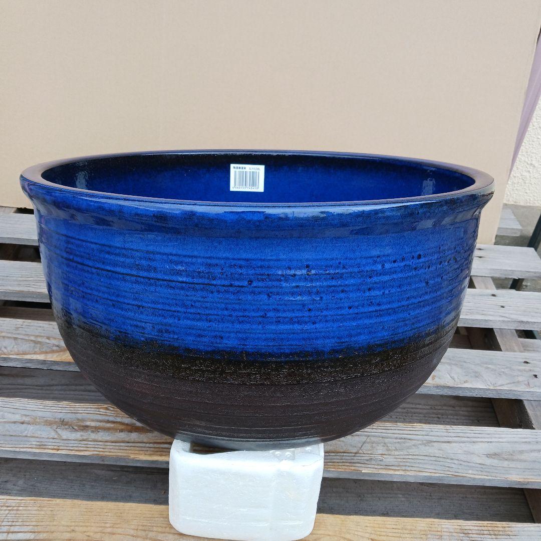 新品　∅50　特大　陶器　睡蓮鉢　手造り　メダカ鉢　難有　ラピスブルー　青LDB