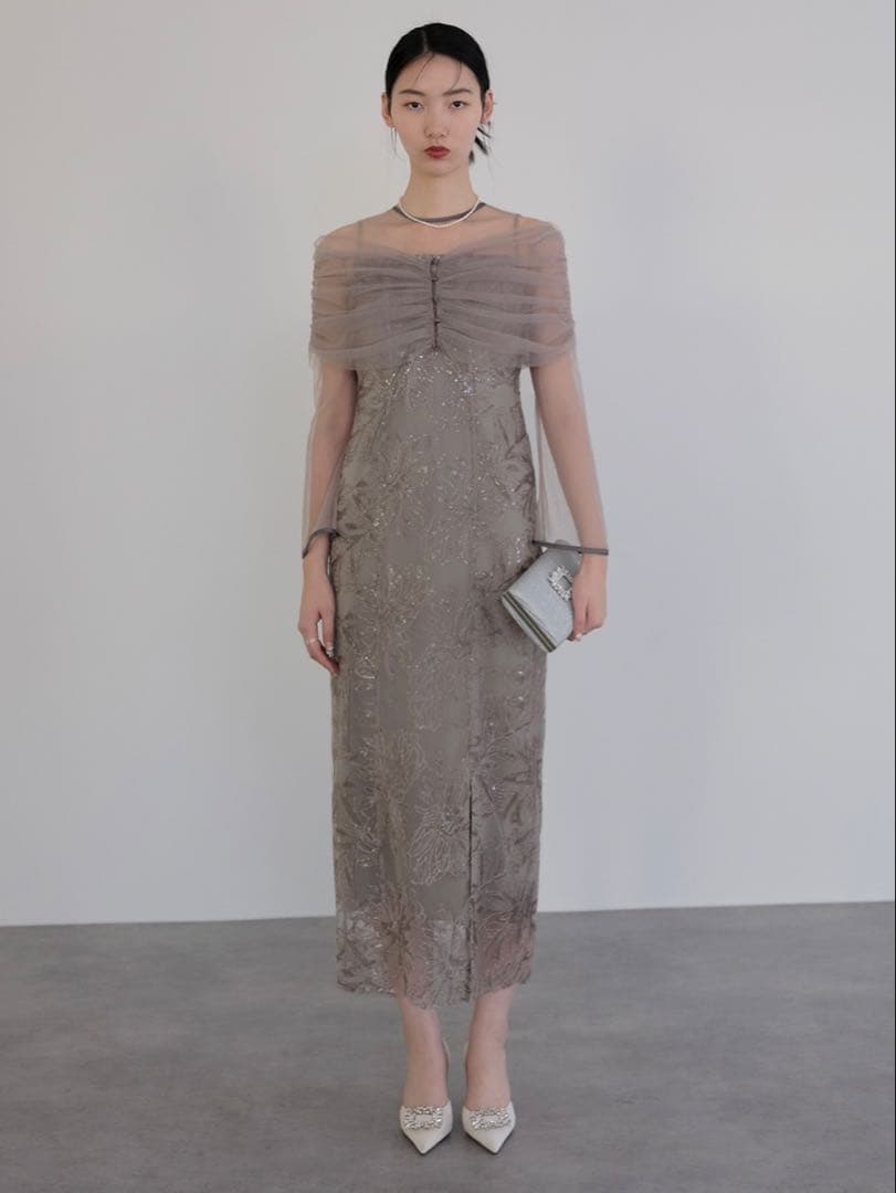 チュールオフショルダー花柄Iラインワンピースドレス結婚式二次会パーティー成人式