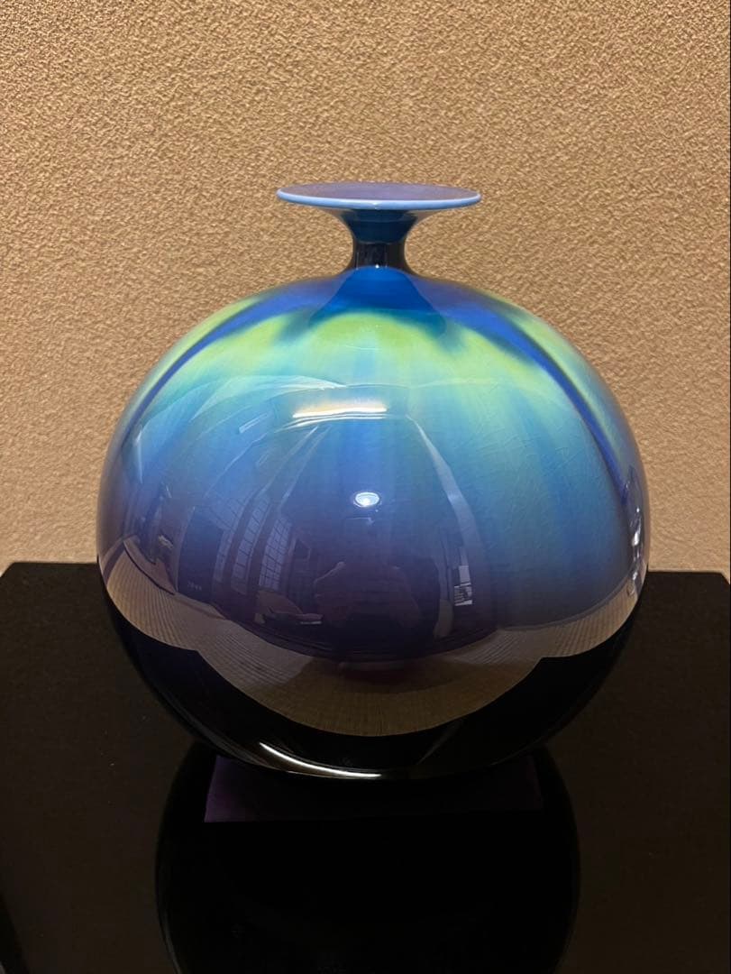 人間国宝　三代徳田八十吉　【正彦】　碧明釉　壺　 23cm