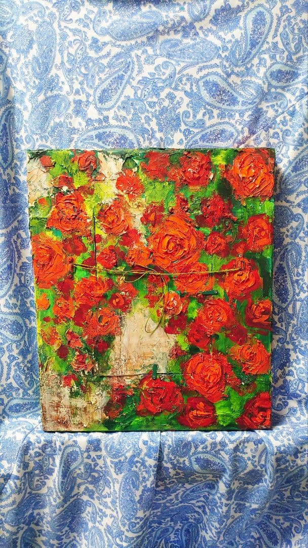 油絵 絵画【猫と赤い薔薇】