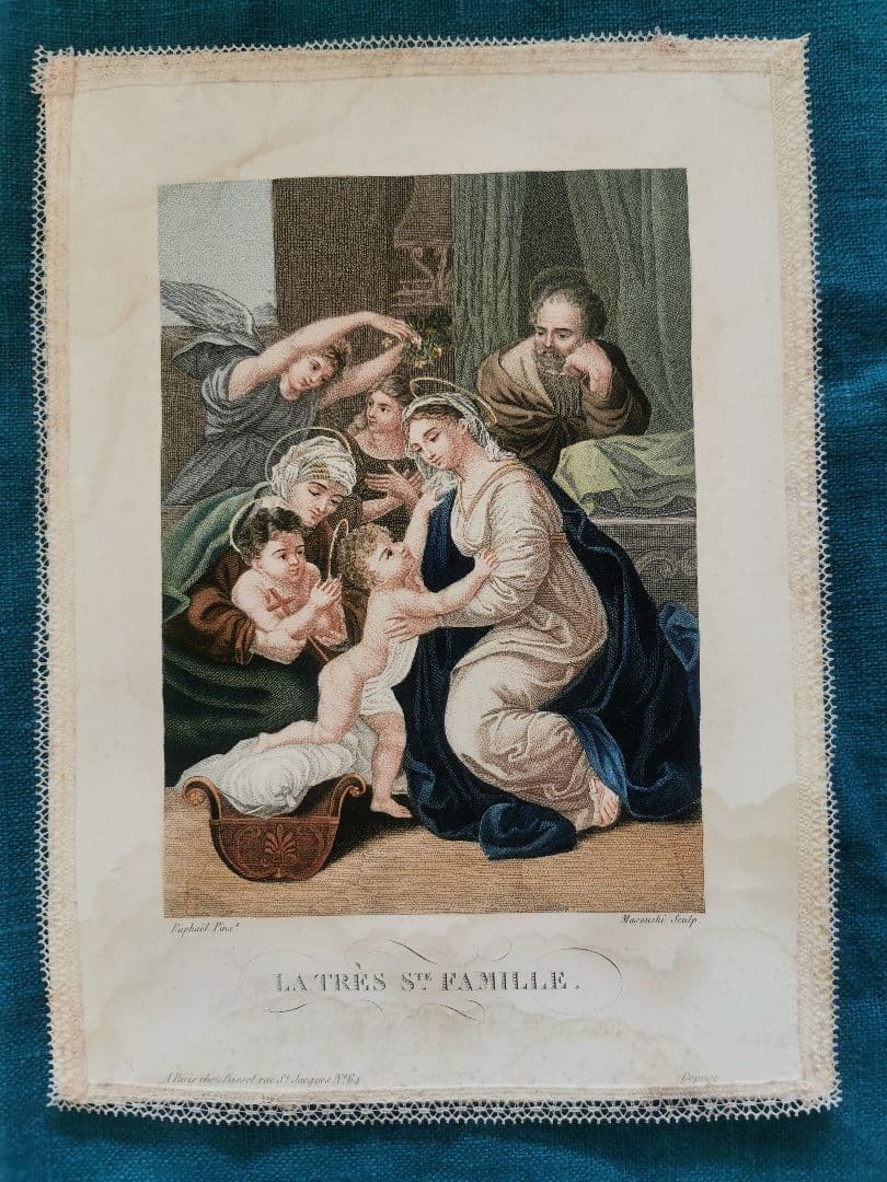 アンティークフランス銅版画 ラファエロの聖家族と予言者ヨハネと天使達 レース装飾