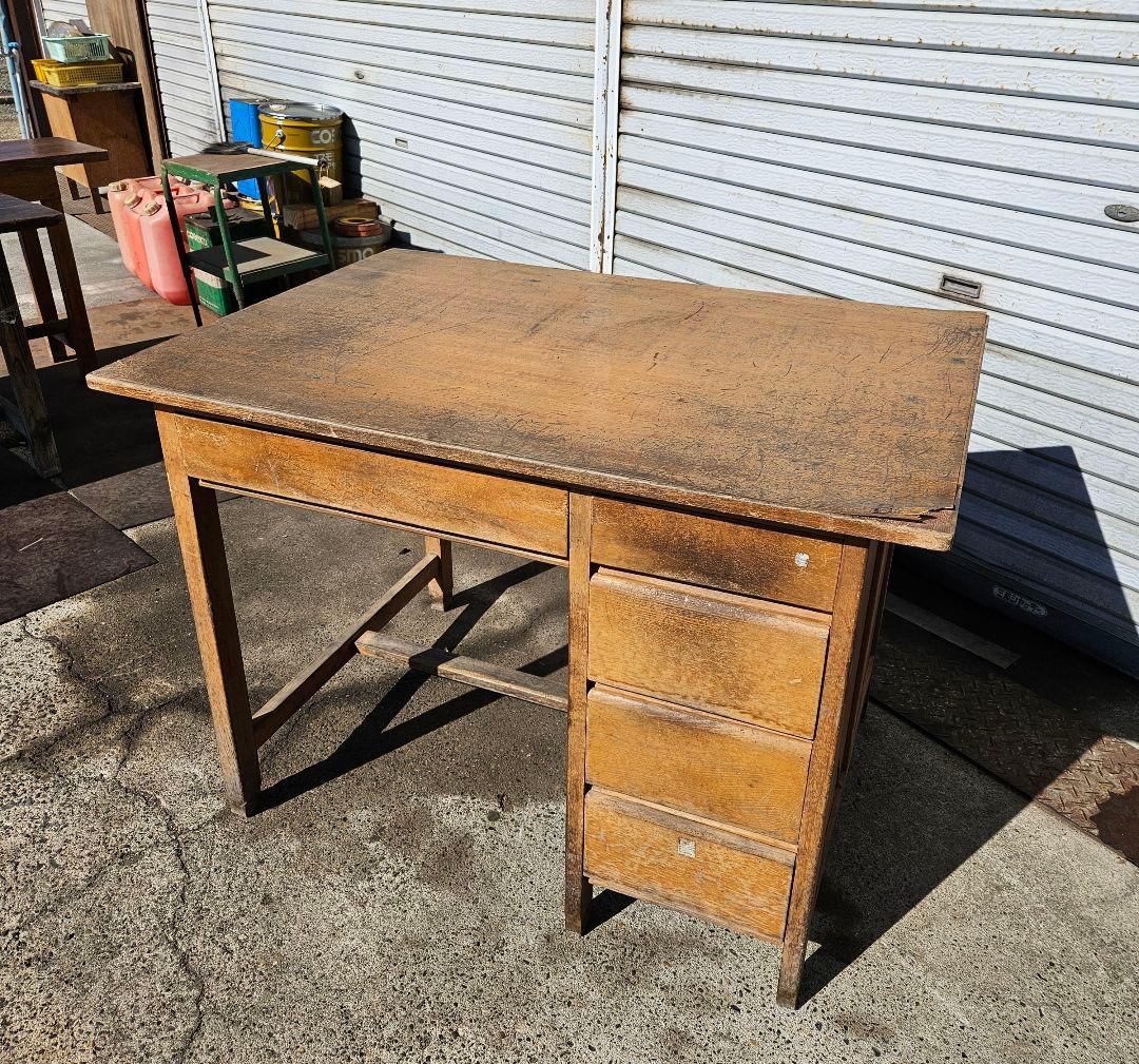 日本のアンティーク 古い片袖机 木製 作業台 アトリエ デスク テーブル