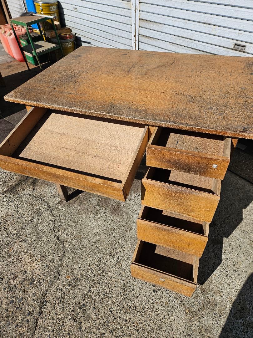 日本のアンティーク 古い片袖机 木製 作業台 アトリエ デスク テーブル