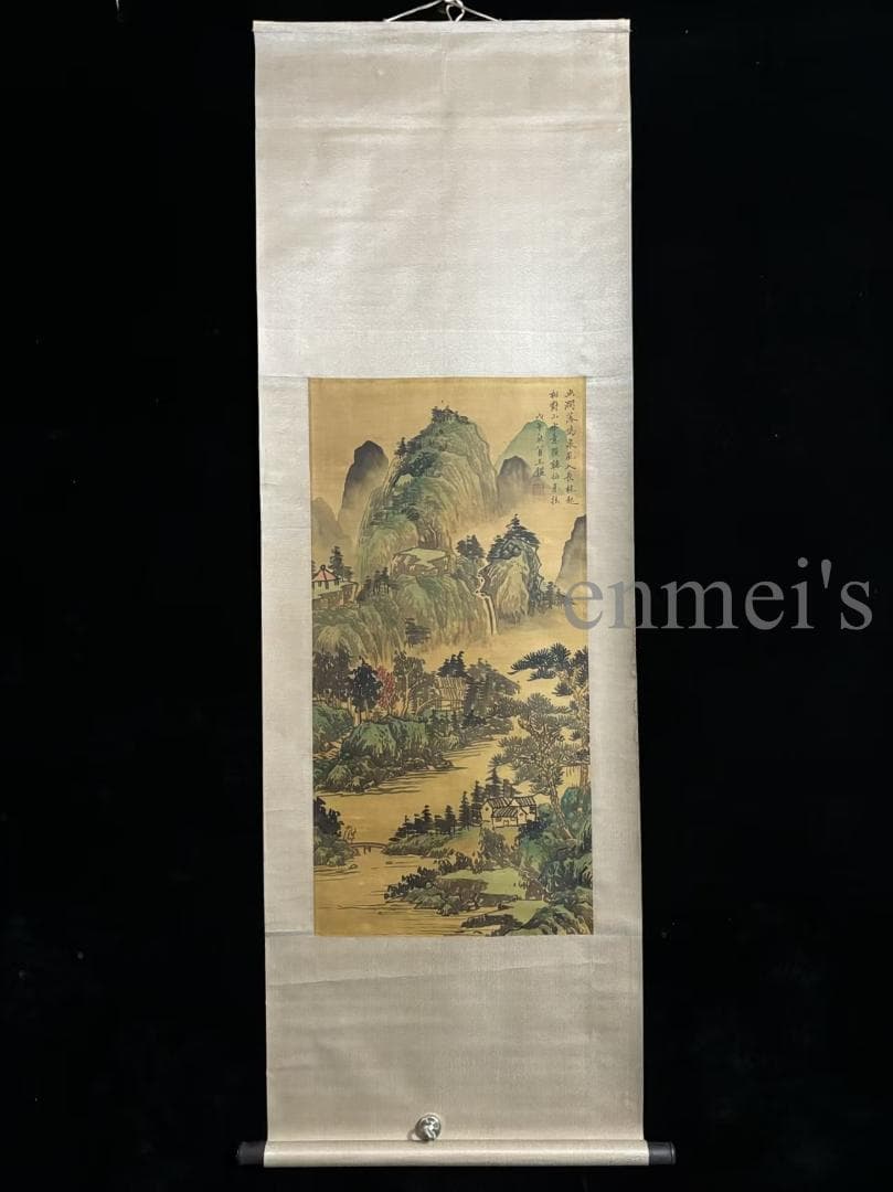 中国古美術 王鑑作款 水墨画 山水画 詩文付き 三尺 絹本 手描き 唐物 肉筆