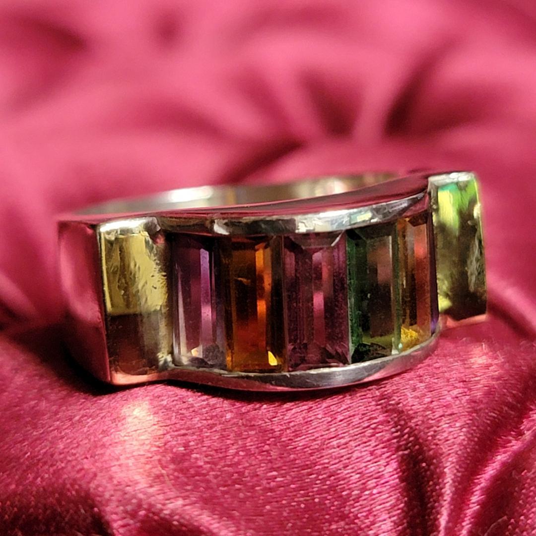 ビンテージ マルチストーンのゴールド切り替えシルバーリング 約14.5号