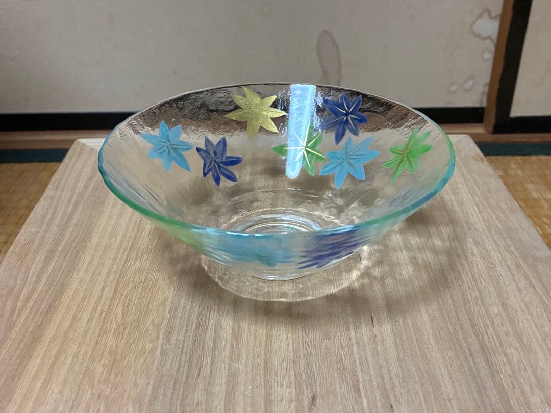 義山 紅葉 平茶碗 水崎長寿 ガラス ギヤマン 共箱 銘あり