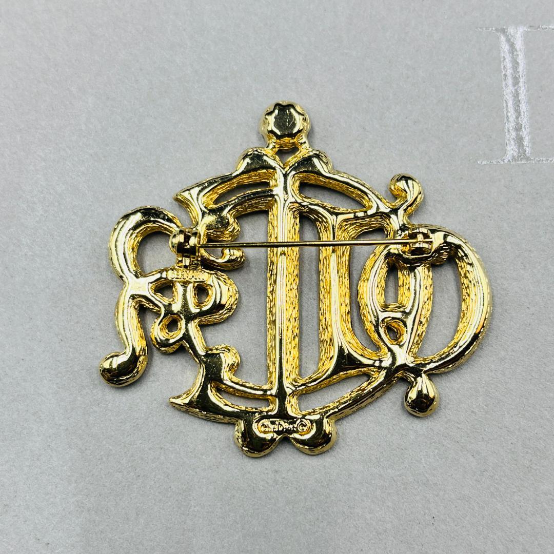 Dior ディオール 旧ロゴ エンブレム ラインストーン ブローチ ゴールド