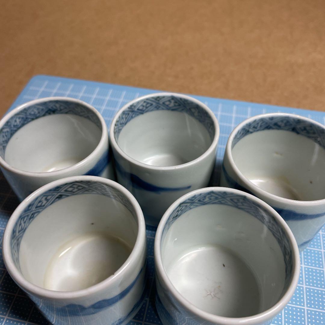 染付山水紋覗猪口五客　【m60 古伊万里　江戸　骨董　レトロ　おちょこ　時代物】