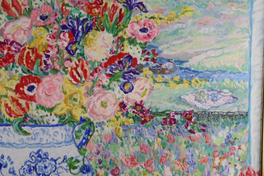 真作保証 レスリー・セイヤー「ガーデン」キャンバス油彩 20号 ジクレー 手彩色