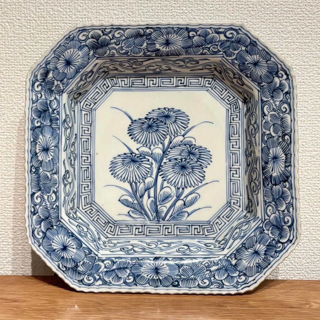 古伊万里 伊万里焼 角皿 染付花の図八角皿