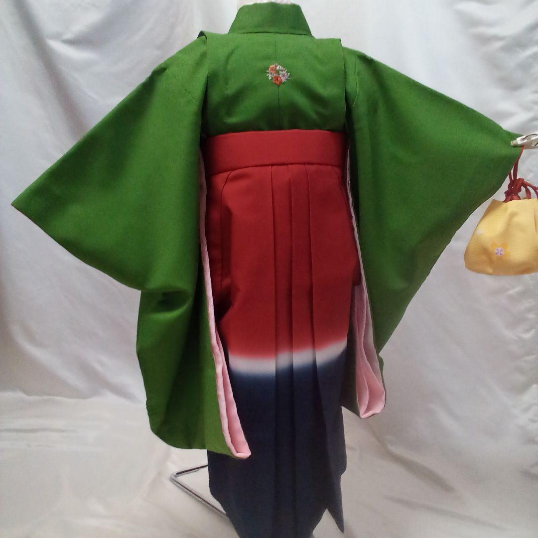 七五三　グリーン　三歳五歳袴　加賀紋　長襦袢　作り帯　巾着袋