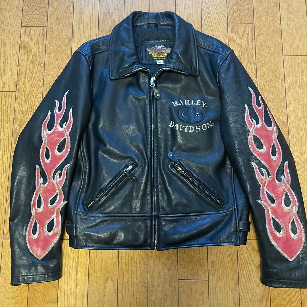 【レア　人気】　ハーレー　革ジャン　レザージャケット　Mサイズ　ファイヤー　刺繍
