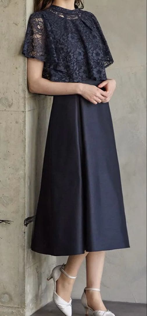 AIMER エメ レースブラウス付シャンタンフィット＆フレアドレス NAVY