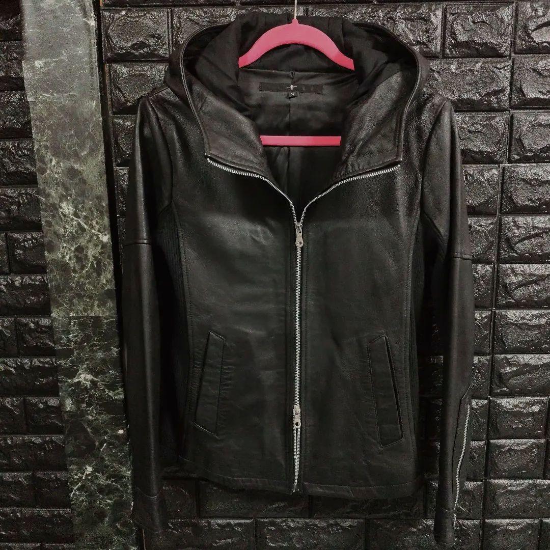 美品ノーアイディー黒ラムレザー シングルフード付きライダースジャケットＳ２完売品