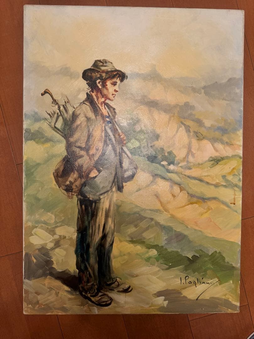 I. Pagliani 油彩画 少年と風景　さすらい