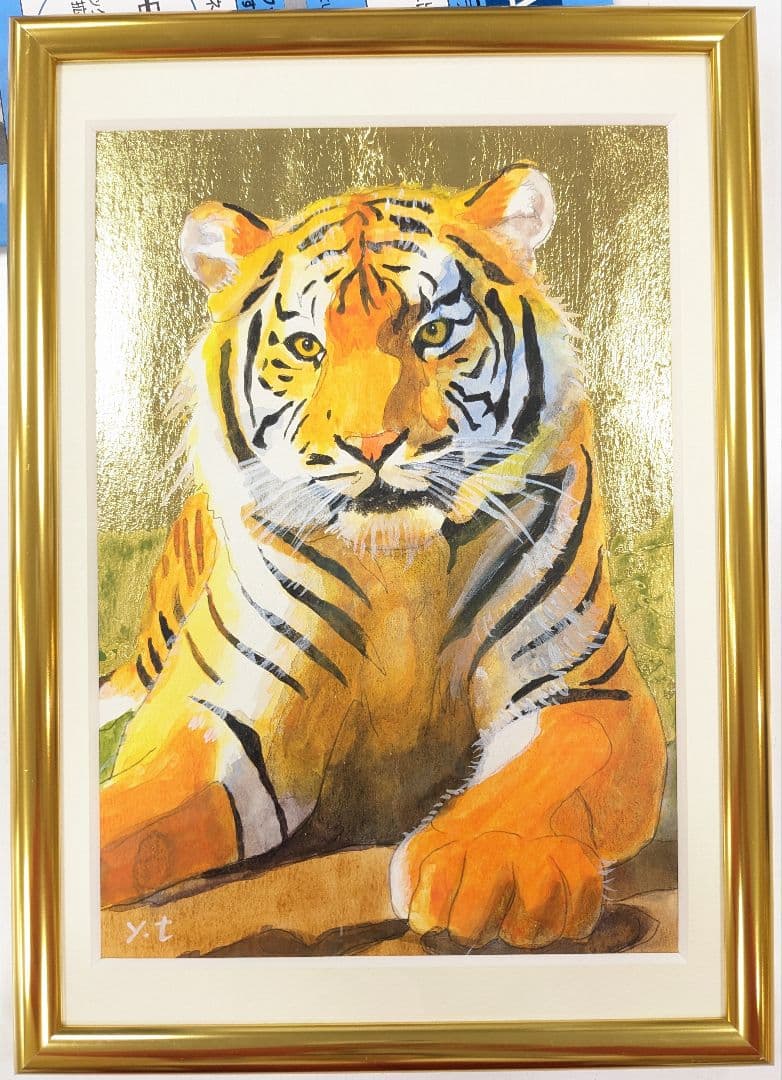 超美品！値下げ交渉あり。金箔を押した虎　アクリル画　絵画