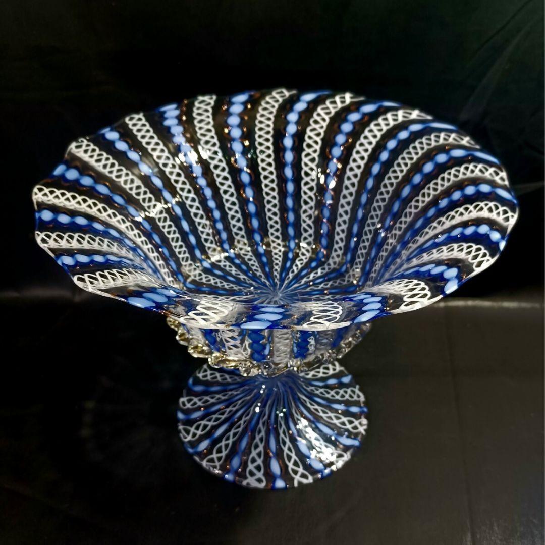 MURANO ムラノ 金彩 ブルー リボン ホワイト レース コンポート