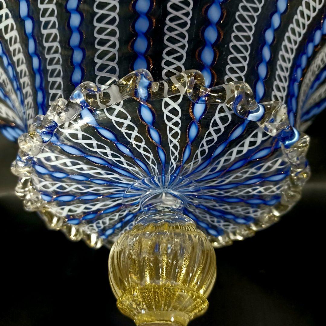 MURANO ムラノ 金彩 ブルー リボン ホワイト レース コンポート