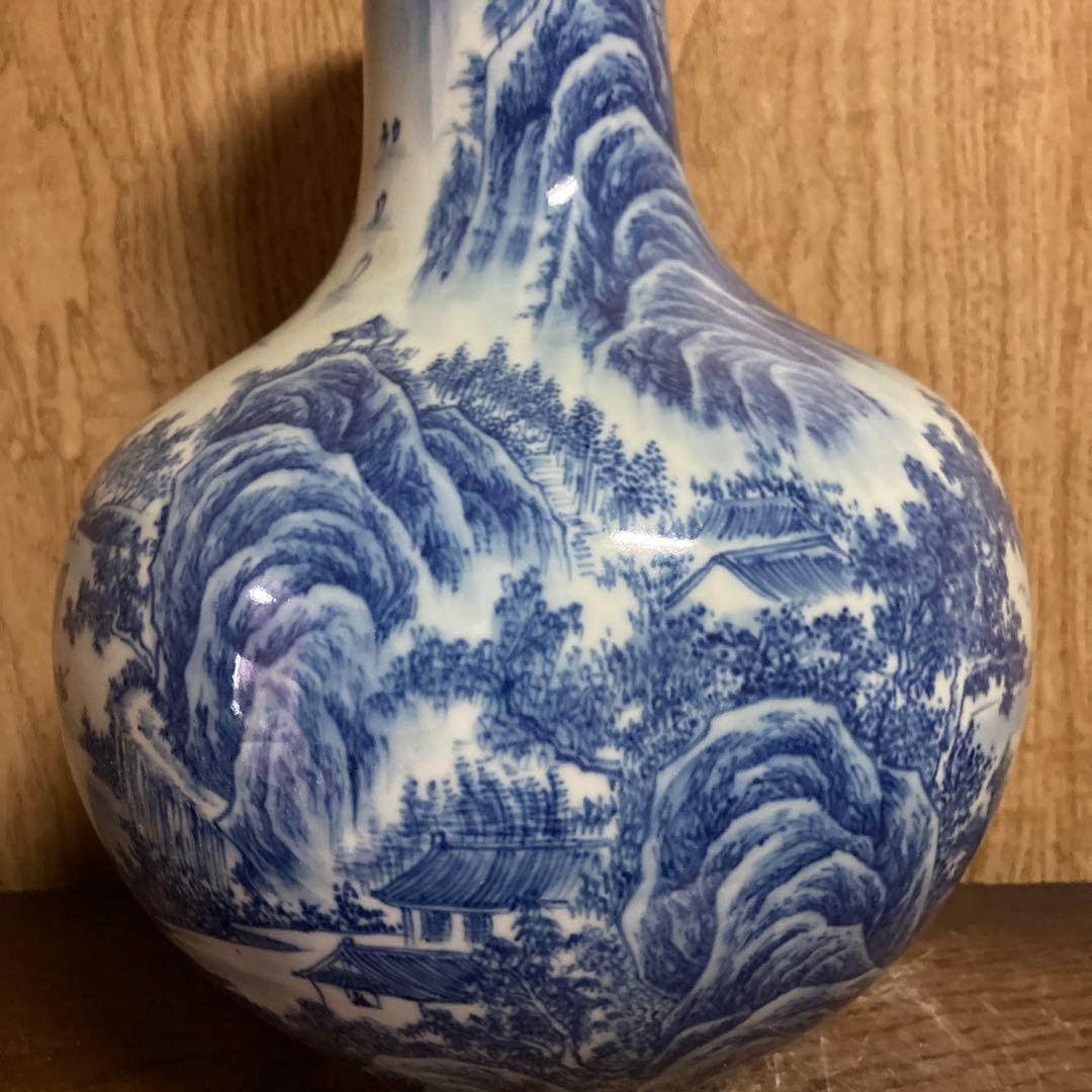 中国　染付　瓶　天球瓶　山水図　大清乾隆年製銘