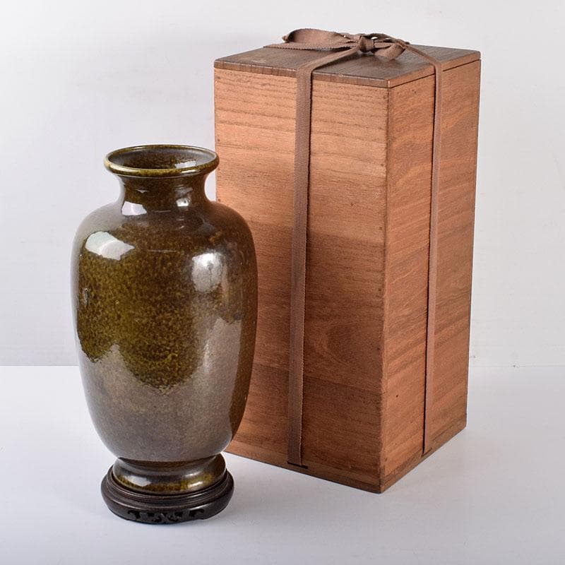 中国　雍正年製款　茶葉末釉　窯変瓶　唐木台・時代箱付　G　R4191B
