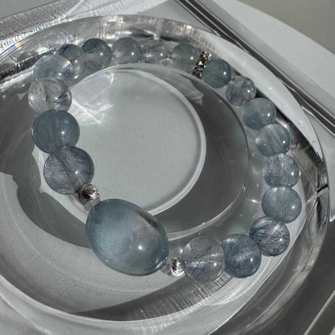 一点物　天然石　ハンドメイドブレス　ブルー　サゲニティッククォーツ　サゲ