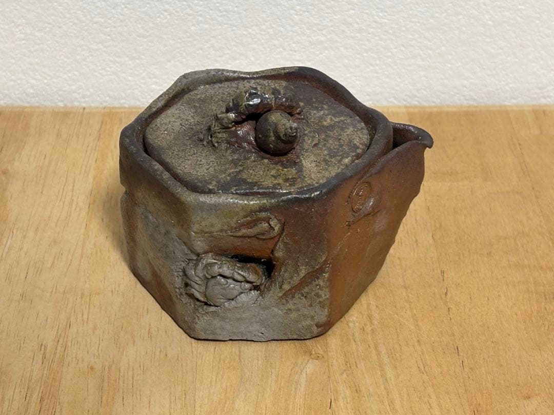 78.備前焼 宝瓶 登り窯 カニとタニシ 蟹 貝 六角 手びねり 急須