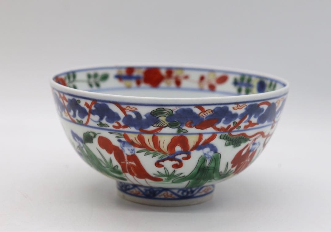 中国　大明万暦年製　青華五彩人物紋碗　木箱入　送料込み0321