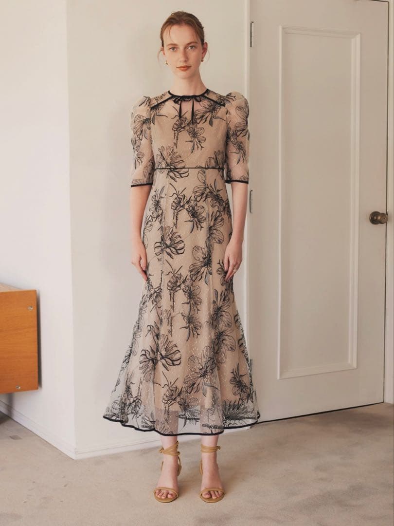 花柄リボンパフスリーブマーメイドワンピースドレス結婚式二次会成人式パーティー