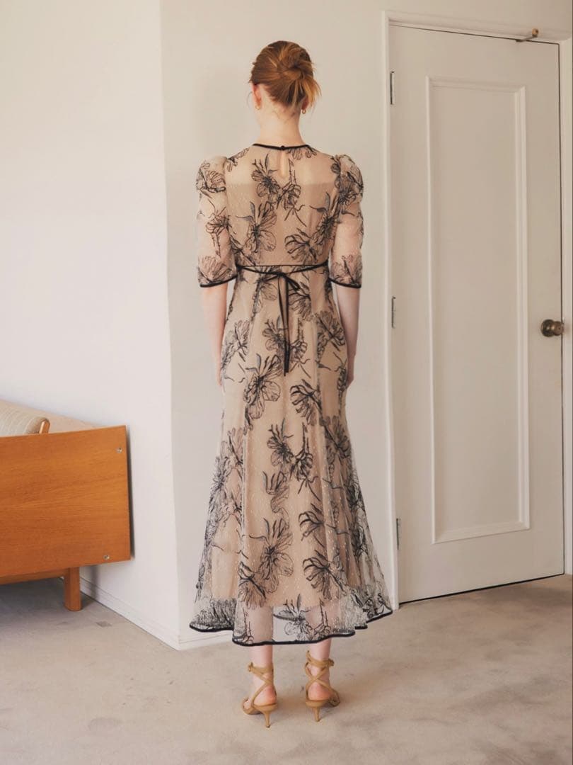 花柄リボンパフスリーブマーメイドワンピースドレス結婚式二次会成人式パーティー