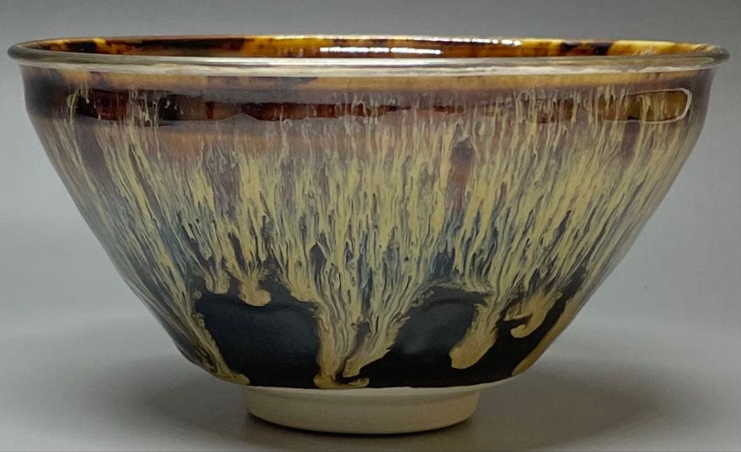 桶谷定一　銀覆輪　建盞天目茶碗　四方桟共箱　共布　栞　v117