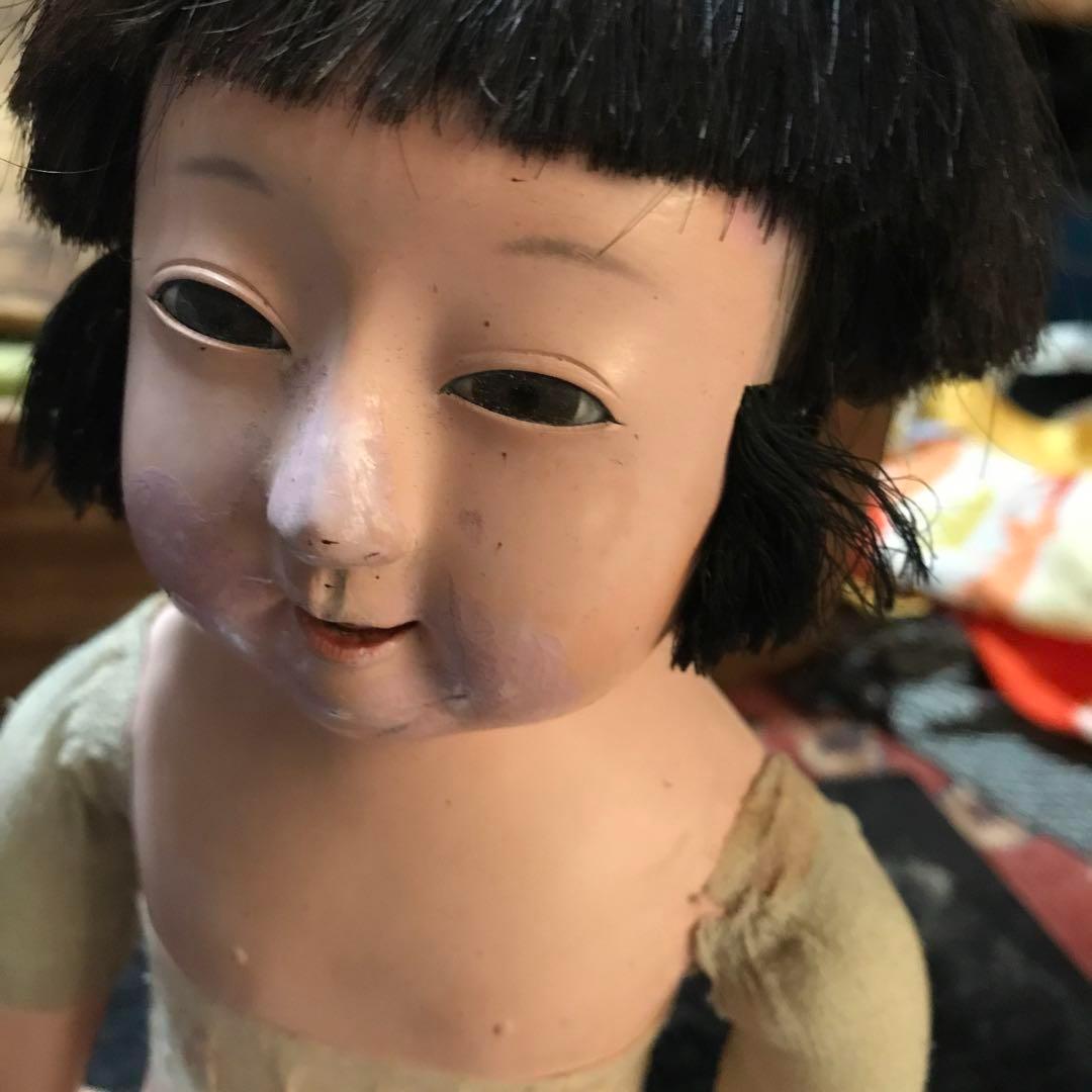 お値下　市松人形　三つ折れ人形　明治？　難多し10号 37cm 　朱印