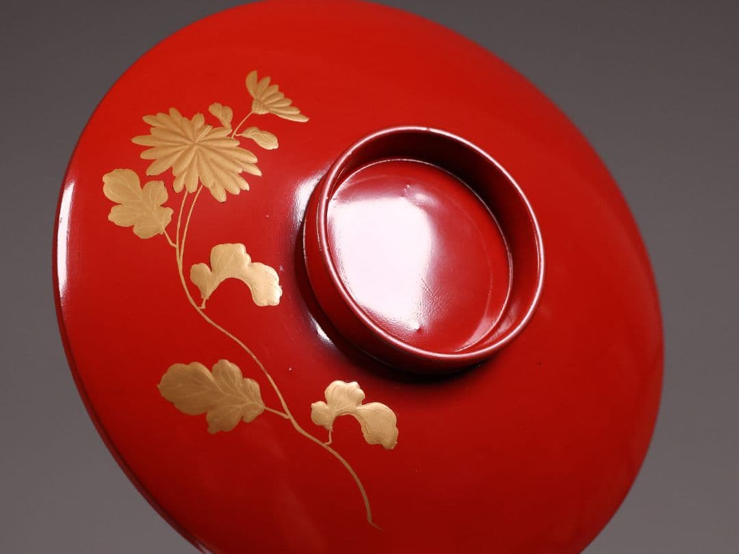 【CM243】時代木製漆器 桐鳳凰・菊 金蒔絵 朱塗 引盃 五客 木製漆器 小皿